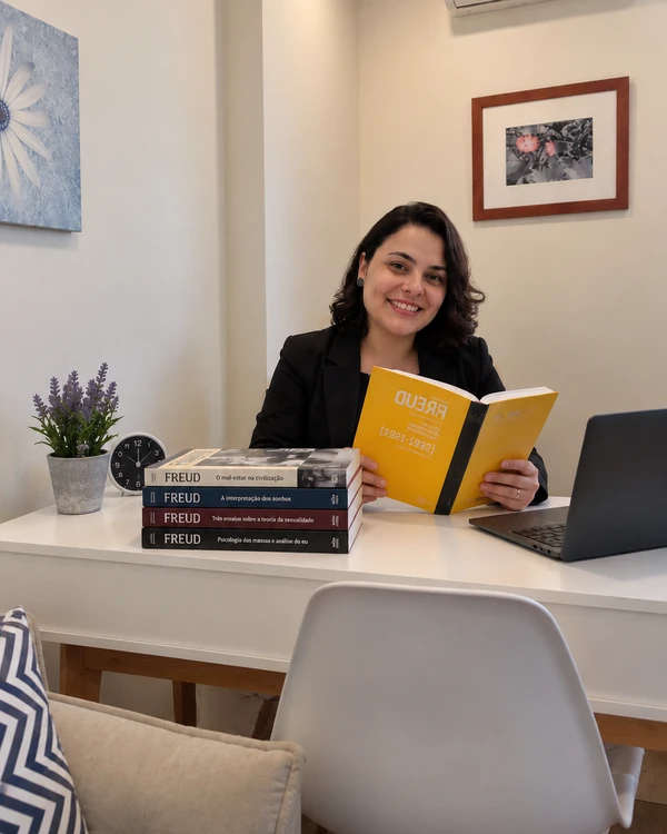 Jaqueline Sousa sorrindo em sua mesa de trabalho, com livros de Freud